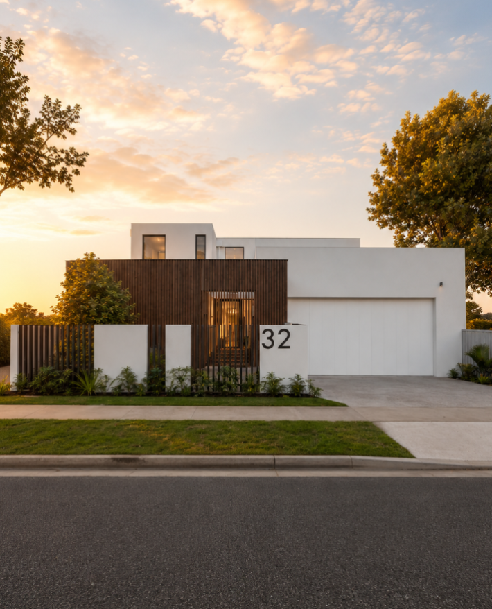 Architectural render of a contemporary custom home featuring a minimalist facade, contrasting materials and landscaped frontage in Manning.