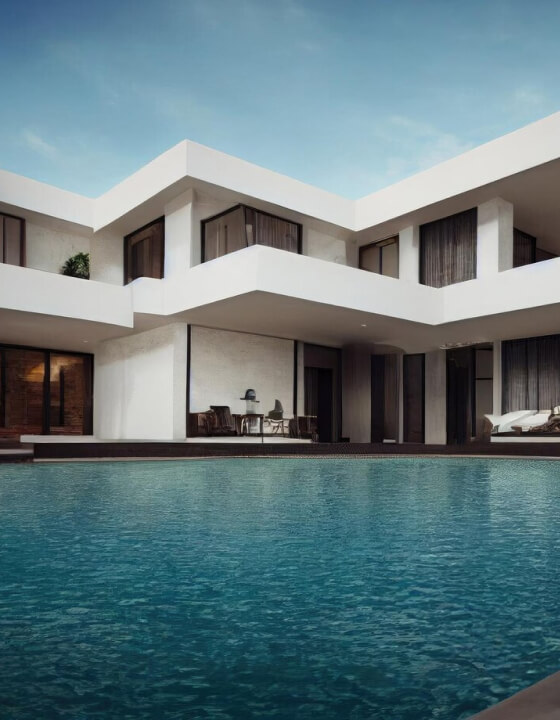 Contemporary two-storey custom home featuring white rendered walls, projecting upper levels and expansive glazing.