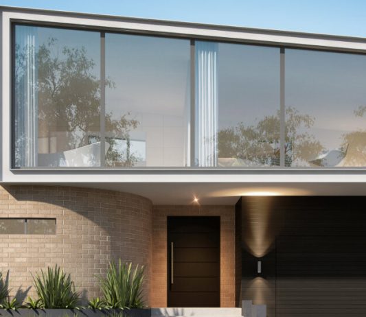 Architectural render of a modern custom home featuring a long horizontal window, light-coloured facade and minimalist design.