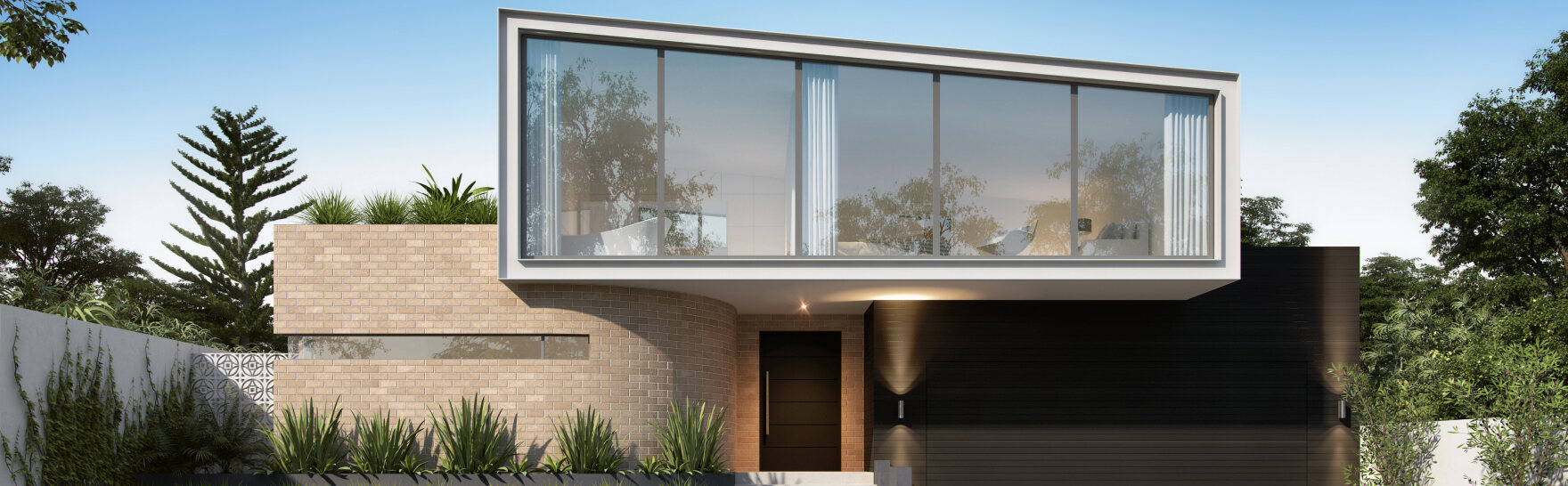 Architectural render of a modern custom home featuring a long horizontal window, light-coloured facade and minimalist design.