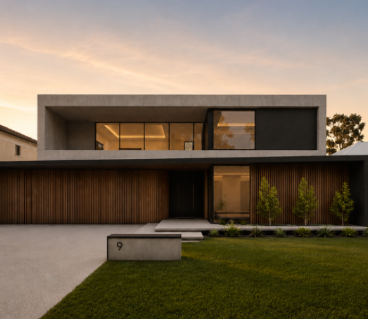 Architectural render of a modern Mount Pleasant custom home featuring expansive glazing, contrasting materials and a landscaped frontage.