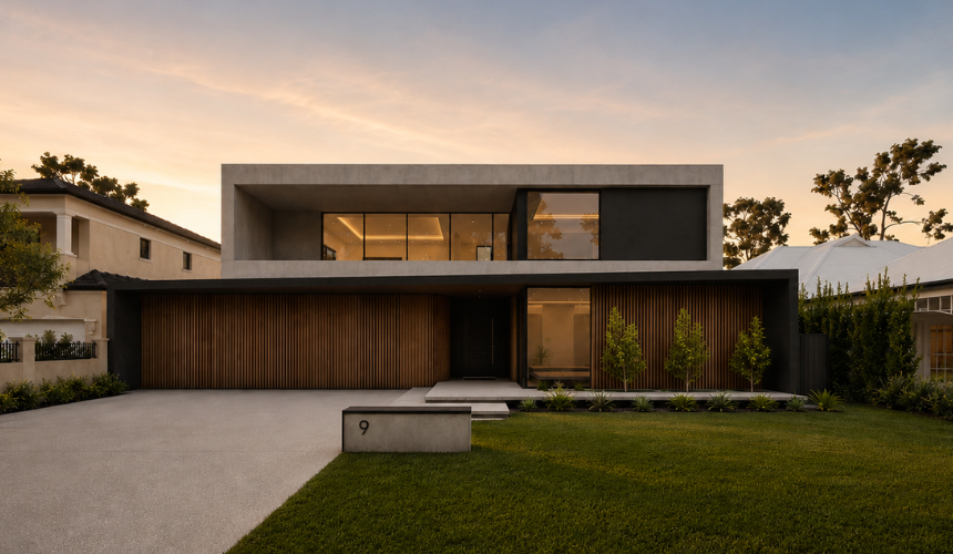 Architectural render of a modern Mount Pleasant custom home featuring expansive glazing, contrasting materials and a landscaped frontage.