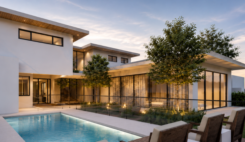 Two-storey custom home featuring a swimming pool, expansive glazing, covered outdoor living areas and landscaped courtyard gardens at dusk.