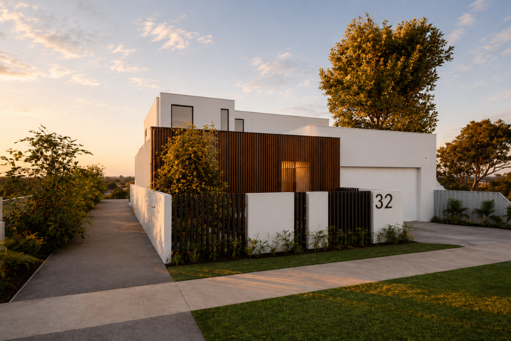 Architectural render of a custom home featuring a timber-clad entry, white rendered facade and contemporary architectural detailing.