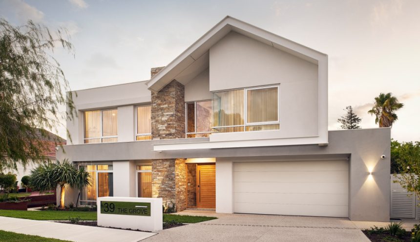 Architectural render of a two-storey custom home featuring pitched rooflines, stone cladding and a landscaped frontage.