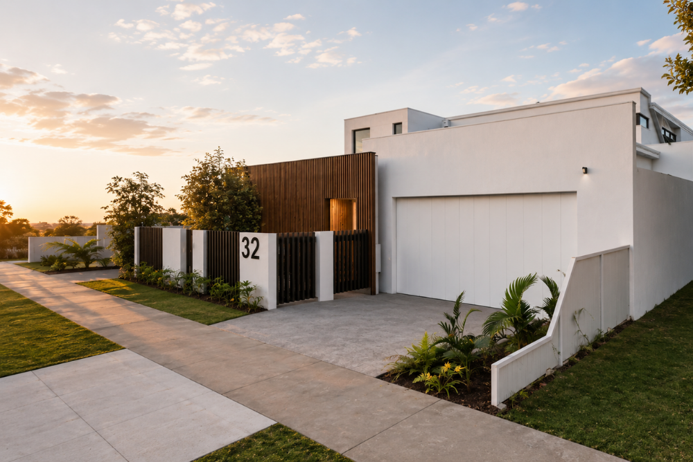 Architectural render of a contemporary custom home at Conochie Crescent featuring white rendered walls, timber screening and landscaped frontage.