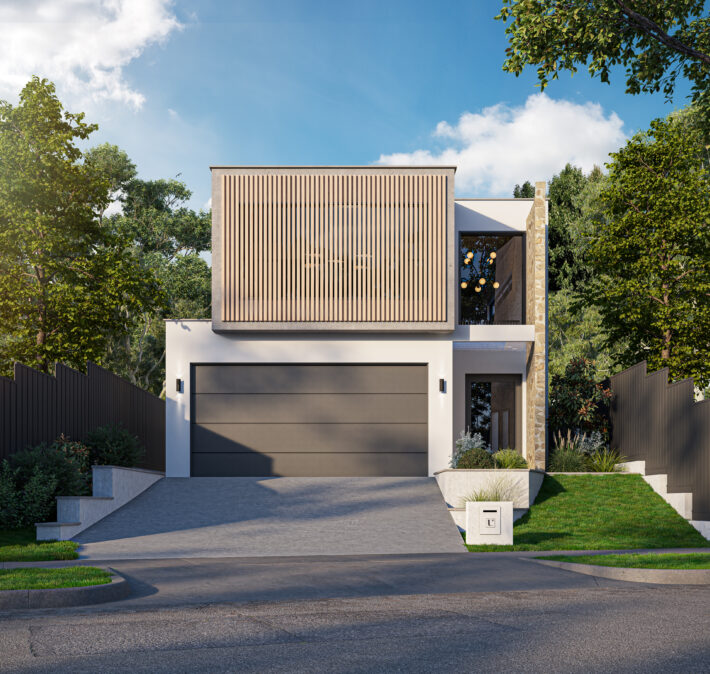 Architectural render of a two-storey custom home in Trigg featuring vertical facade screening, contemporary materials and landscaped gardens.