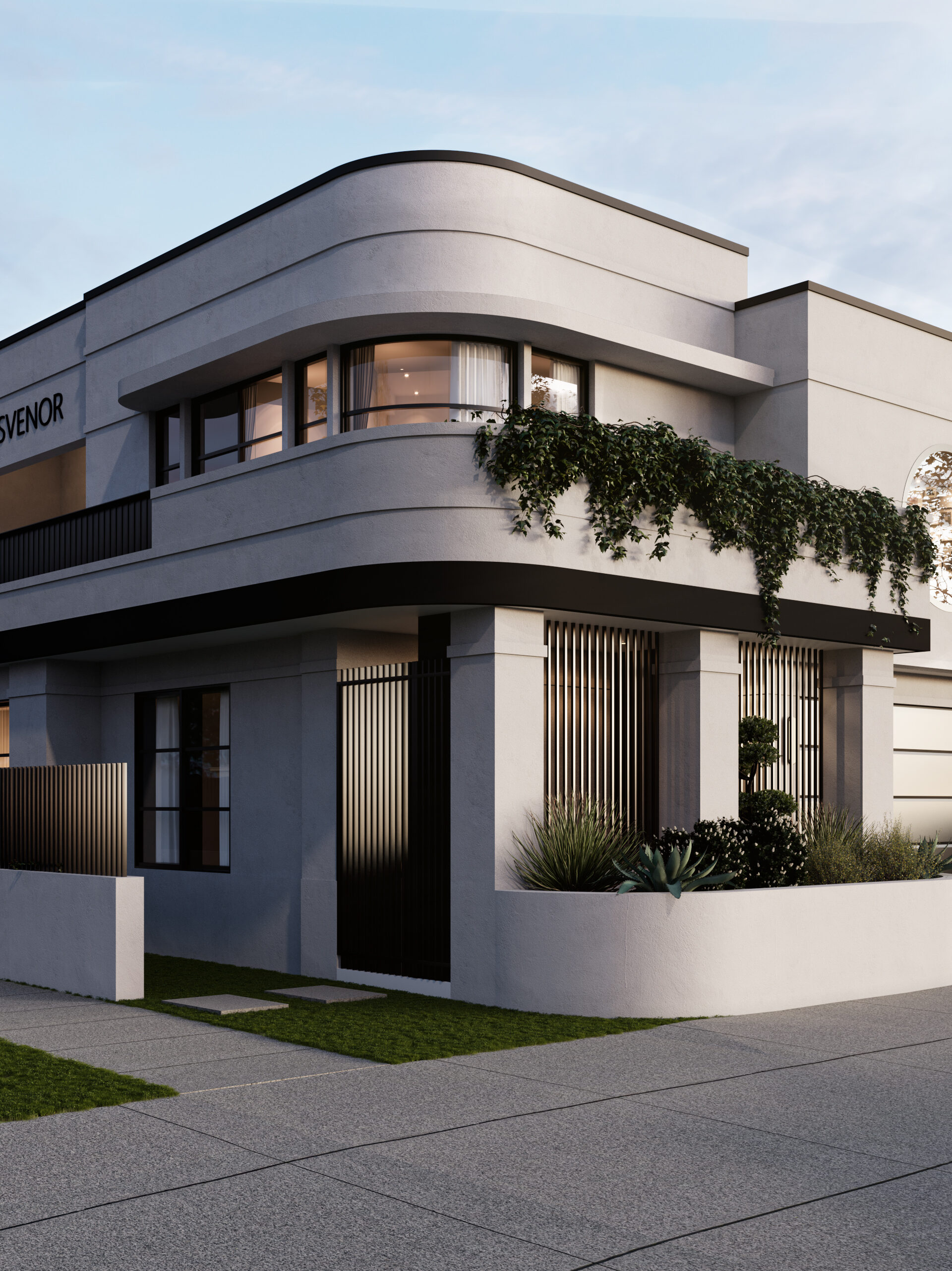 Architectural render of a contemporary multi-storey building featuring curved facade detailing, expansive glazing and landscaped balconies.