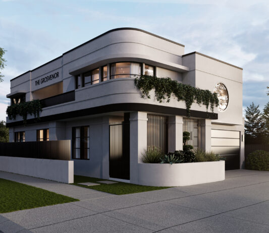 Architectural render of a contemporary multi-storey building featuring curved facade detailing, expansive glazing and landscaped balconies.