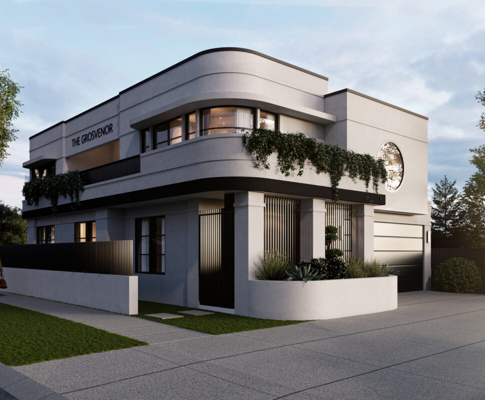 Architectural render of a contemporary multi-storey building featuring curved facade detailing, expansive glazing and landscaped balconies.