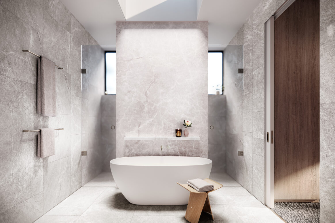 Architectural render of a bathroom featuring natural stone finishes, freestanding bath and warm lighting.