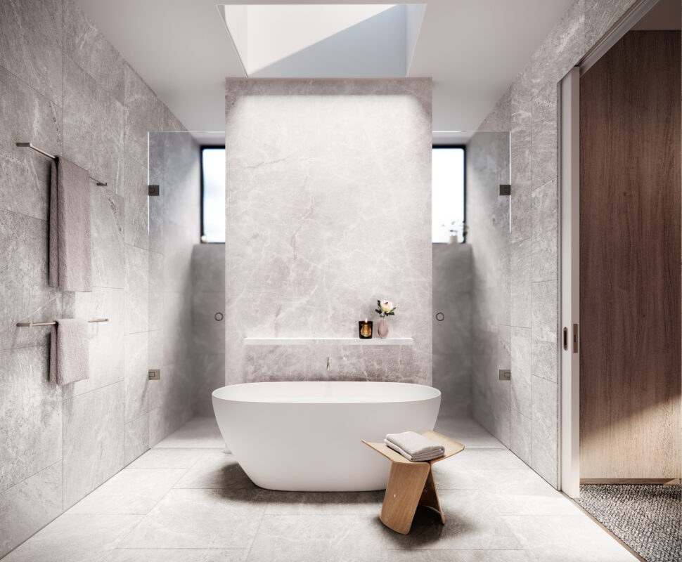 Architectural render of a bathroom featuring natural stone finishes, freestanding bath and warm lighting.