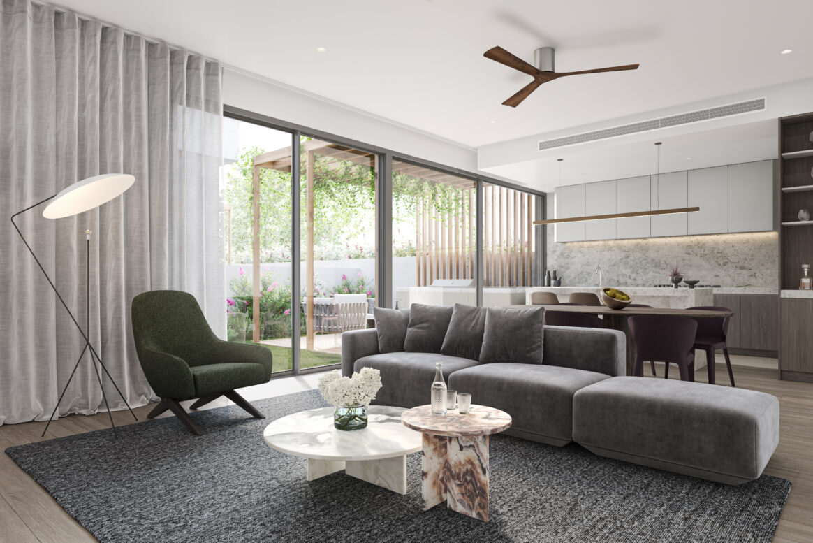 Architectural render of a living room featuring expansive glazing, contemporary furniture and landscaped garden views.