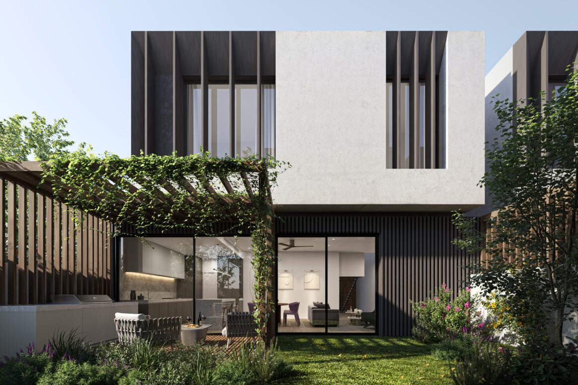 Architectural render of a contemporary home exterior featuring vertical cladding, large windows and landscaped garden beds.