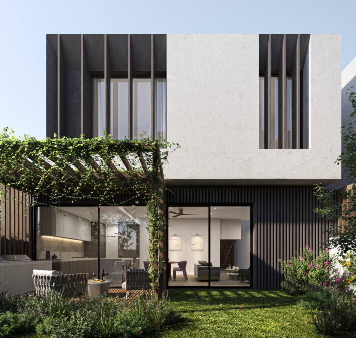 Architectural render of a contemporary home exterior featuring vertical cladding, large windows and landscaped garden beds.