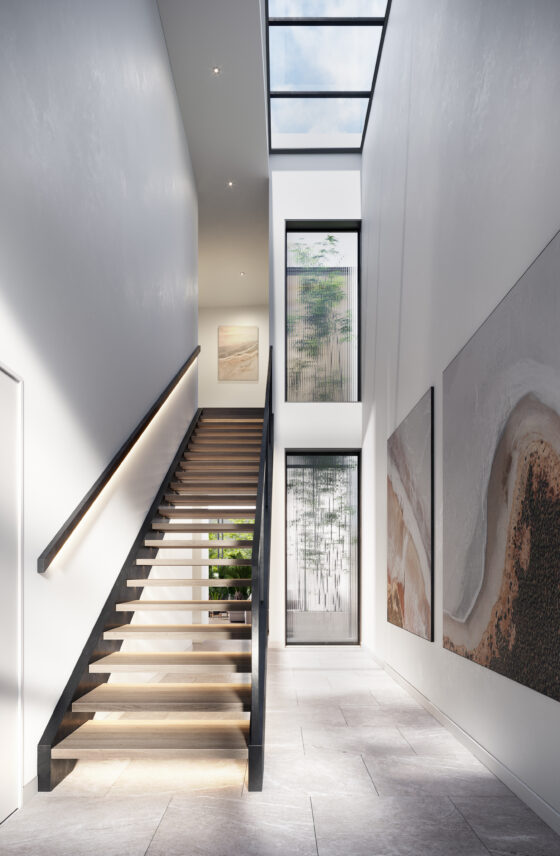 Architectural render of a contemporary staircase featuring timber treads, glass balustrading and natural light from overhead glazing.