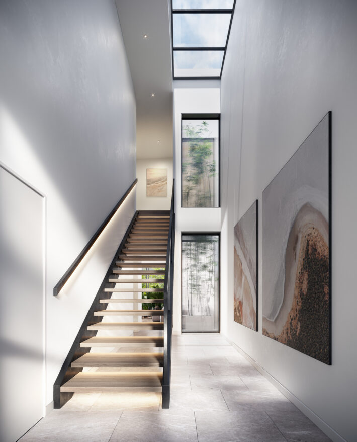 Architectural render of a contemporary staircase featuring timber treads, glass balustrading and natural light from overhead glazing.