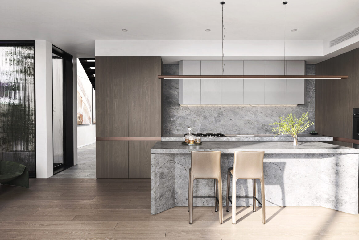 Architectural render of a modern kitchen and living area featuring timber cabinetry, stone benchtops and minimalist finishes.