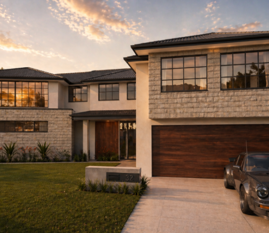 Architectural render of a two-storey custom home featuring contrasting brickwork, large windows and landscaped frontage.