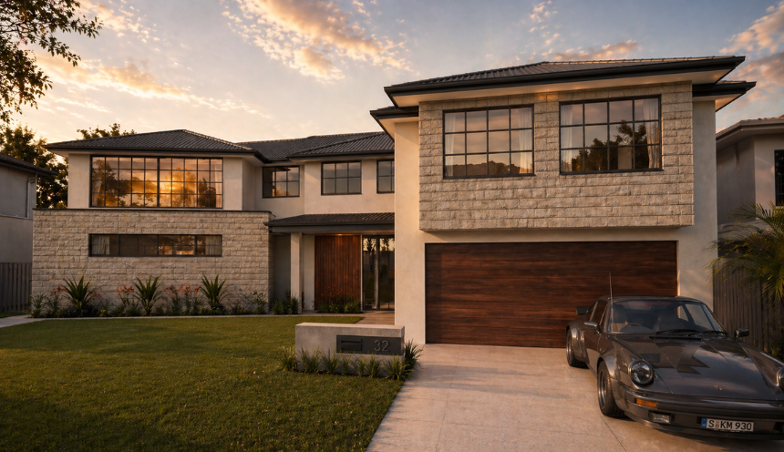 Architectural render of a two-storey custom home featuring contrasting brickwork, large windows and landscaped frontage.