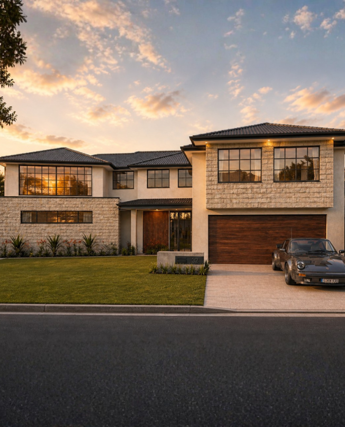 Architectural render of a two-storey custom home featuring brickwork, contrasting facade materials and a landscaped front garden.