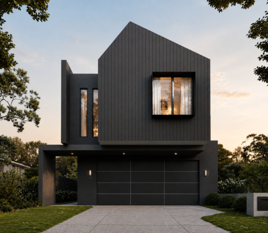 Architectural render of a modern two-storey custom home in Karrinyup featuring dark cladding, pitched rooflines and feature lighting.