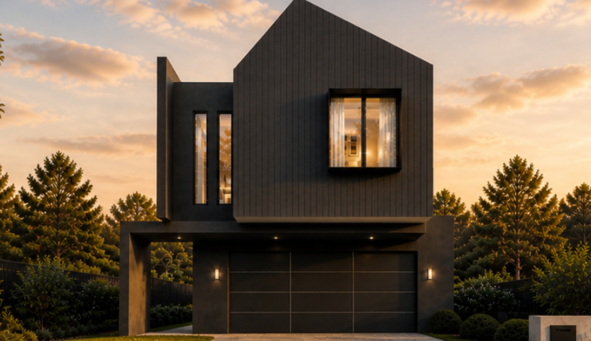 Architectural render of a contemporary Karrinyup custom home featuring dark exterior cladding, angular rooflines and landscaped gardens.