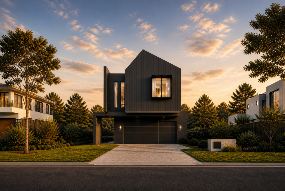 Architectural render of a two-storey custom home in Karrinyup featuring dark exterior cladding, pitched rooflines and illuminated windows.