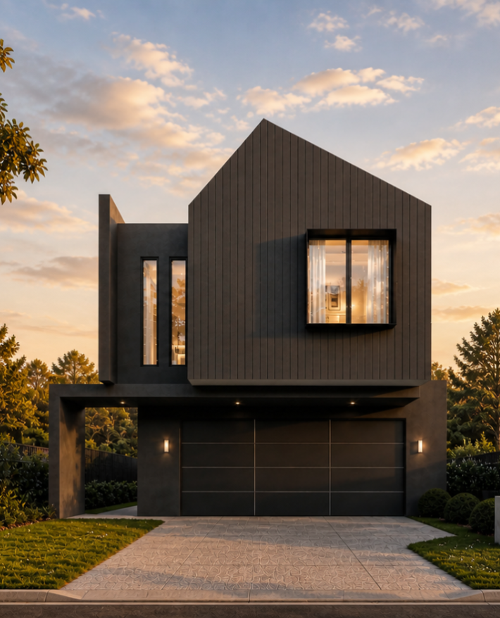 Architectural render of a two-storey custom home in Karrinyup featuring dark cladding, pitched rooflines and illuminated windows.