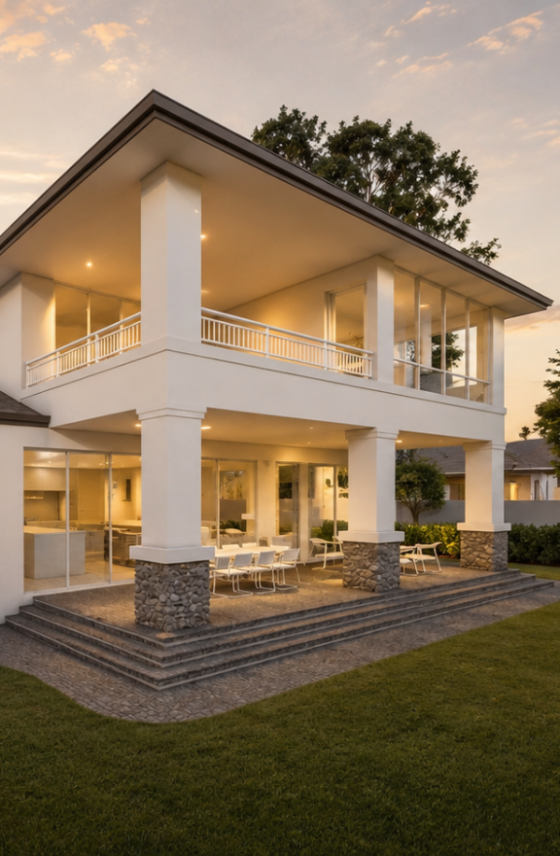 Architectural render of a two-storey custom home featuring traditional architectural detailing, pitched rooflines and landscaped gardens.