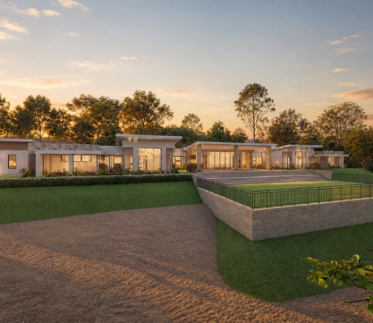 Architectural render of a single-storey custom home in Roleystone featuring expansive glazing, landscaped lawns and a natural bushland setting.