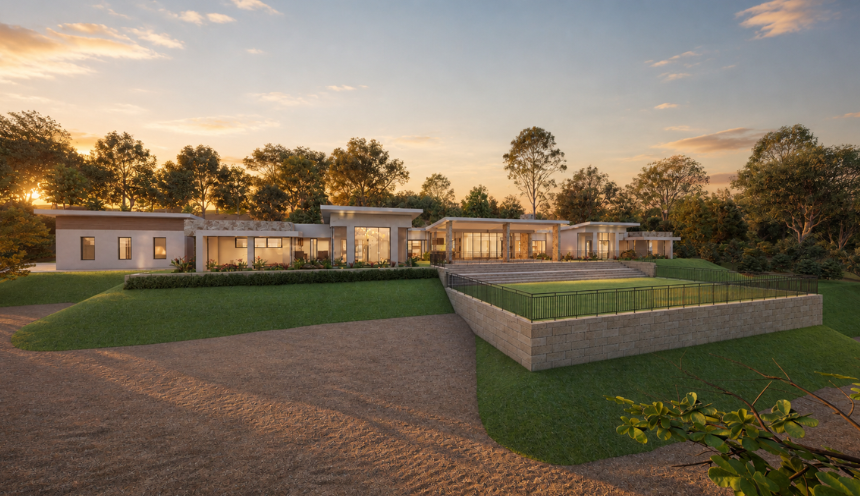 Architectural render of a single-storey custom home in Roleystone featuring expansive glazing, landscaped lawns and a natural bushland setting.