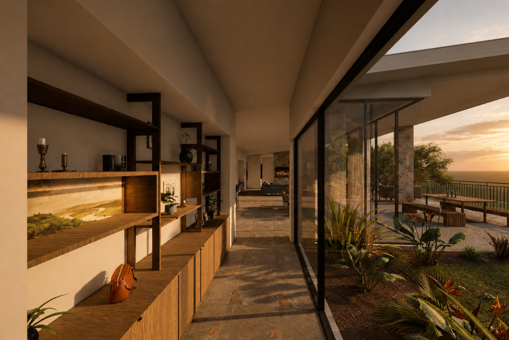 Architectural render of a fully glazed walkway leading into the open-plan living area of a custom home in Roleystone, Perth.