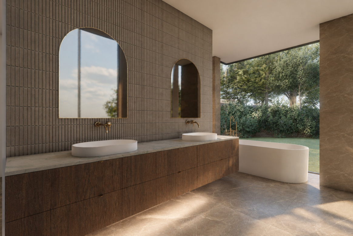 Architectural render of a luxury ensuite in Roleystone featuring a freestanding bath, double vanity and arched windows overlooking greenery.