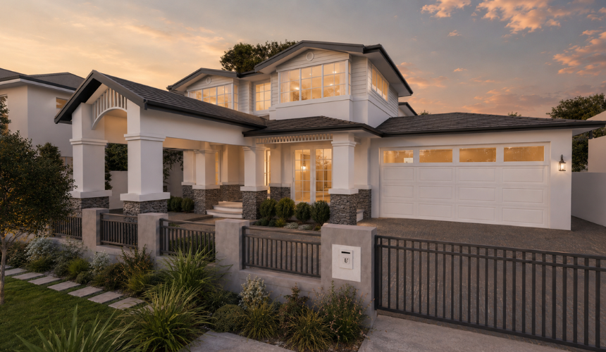 Architectural render of a two-storey custom home featuring a covered balcony, traditional detailing and feature lighting at dusk in City Beach.