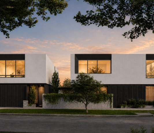 Architectural render of a single-storey custom home featuring minimalist white architectural forms, expansive glazing and landscaped gardens.