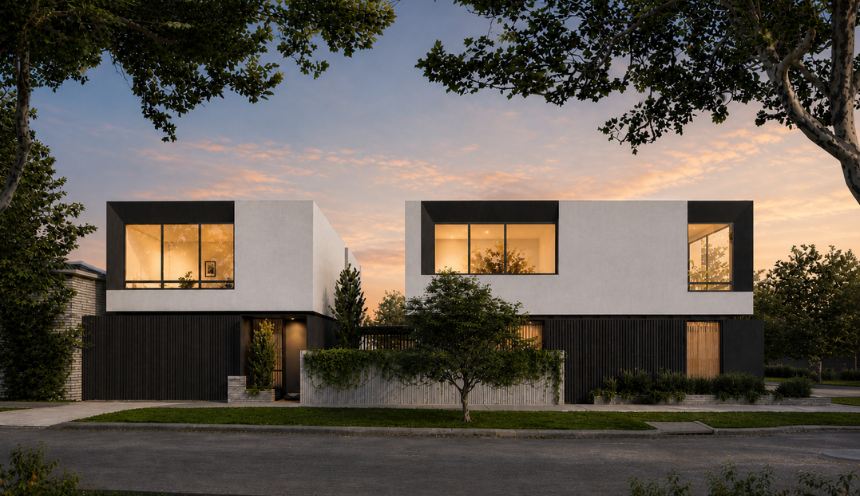Architectural render of a single-storey custom home featuring minimalist white architectural forms, expansive glazing and landscaped gardens.