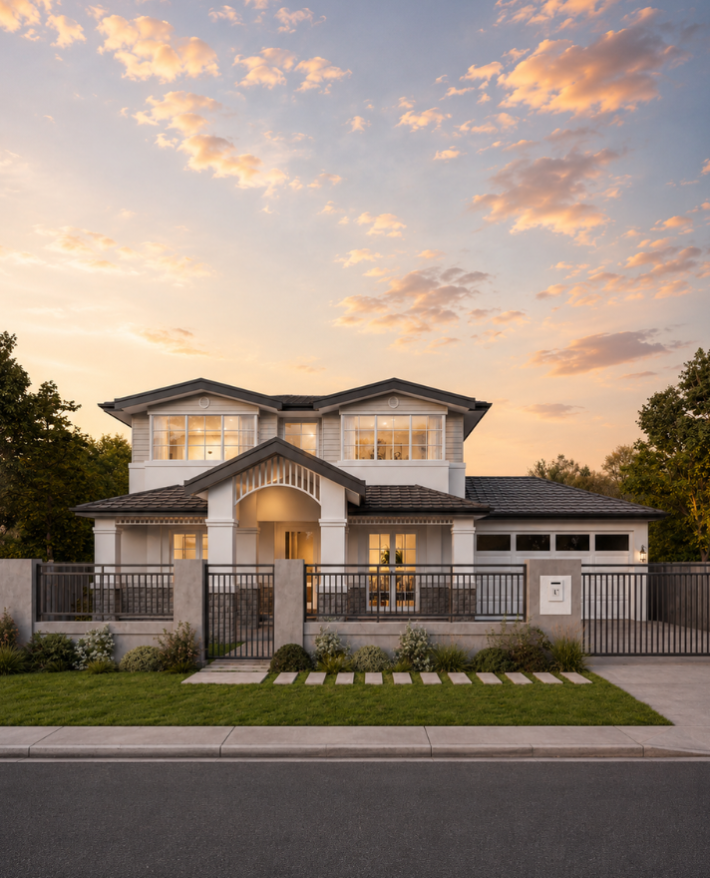 Architectural render of a two-storey custom home in City Beach with a grand entrance, pitched rooflines and landscaped frontage at sunset.