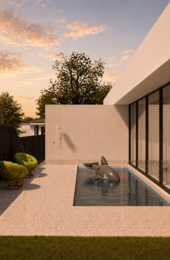 Architectural render of a contemporary custom home in Floreat, Perth, featuring a swimming pool, expansive glazing and landscaped outdoor living areas at sunset.