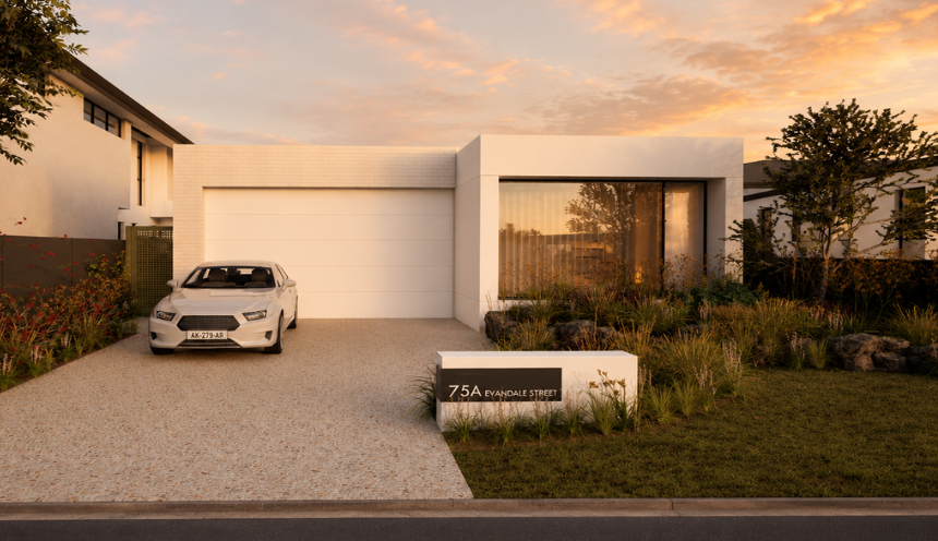 Architectural render of a contemporary custom home in Floreat featuring a minimalist facade, expansive glazing and landscaped gardens.