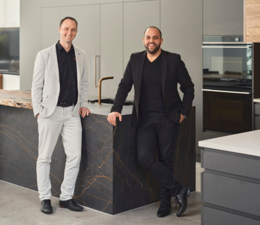 Trendsetter Homes, Colin Te Braake and Michael Agostino, photographed together inside a contemporary custom home in Marmion, Perth.