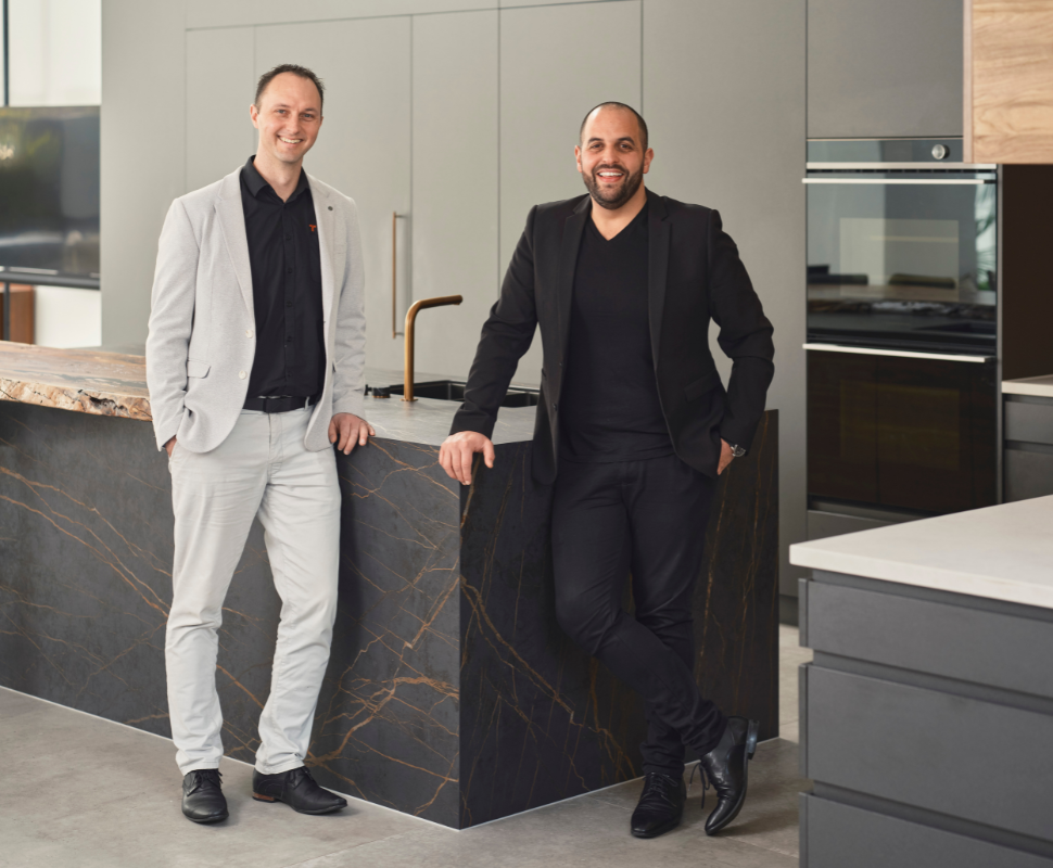 Trendsetter Homes, Colin Te Braake and Michael Agostino, photographed together inside a contemporary custom home in Marmion, Perth.