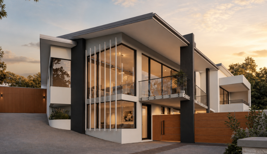 Architectural render of a modern two-storey custom home in Stirling featuring pitched rooflines, expansive glazing and contrasting exterior materials.