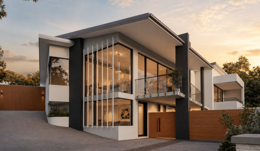Architectural render of a modern two-storey custom home in Stirling featuring pitched rooflines, expansive glazing and contrasting exterior materials.