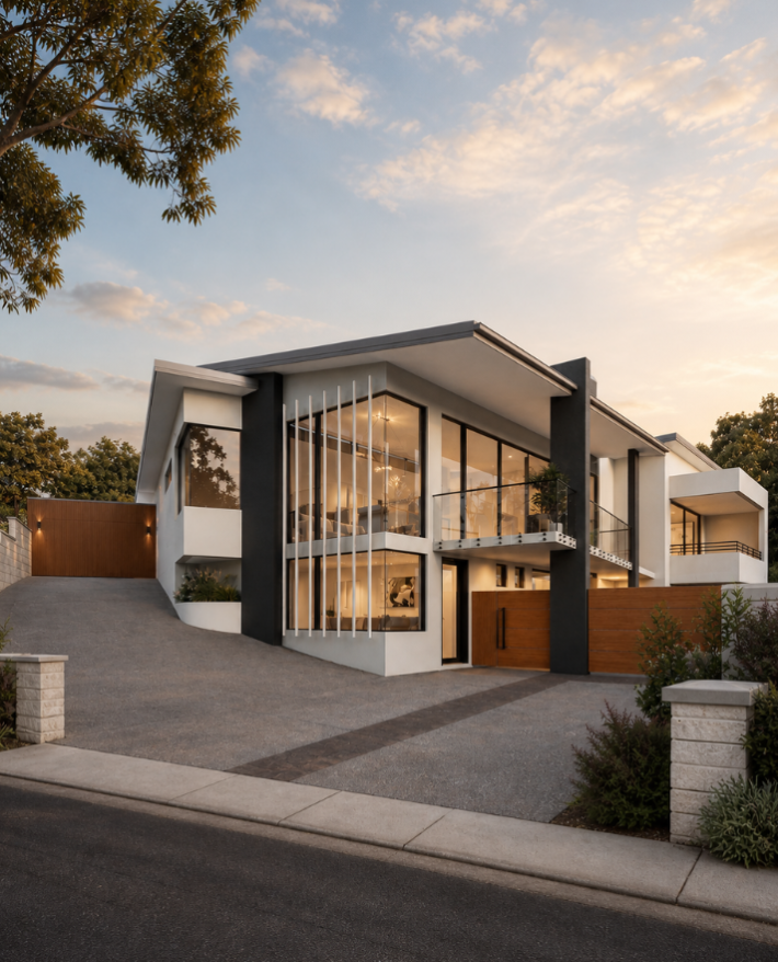 Architectural render of a contemporary two-storey custom home in Stirling with a double-height glazed facade and landscaped outdoor areas.