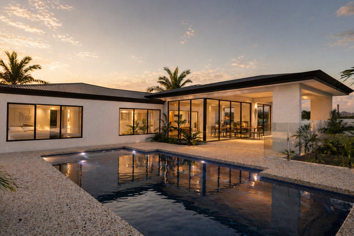 Architectural render of a modern custom home in Dianella with a swimming pool, covered alfresco and large sliding glass doors.
