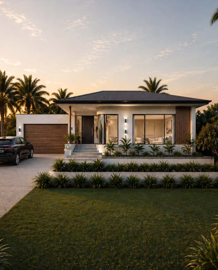 Architectural render of a single-storey custom home in Dianella featuring warm exterior lighting, expansive glazing and contemporary landscaping.