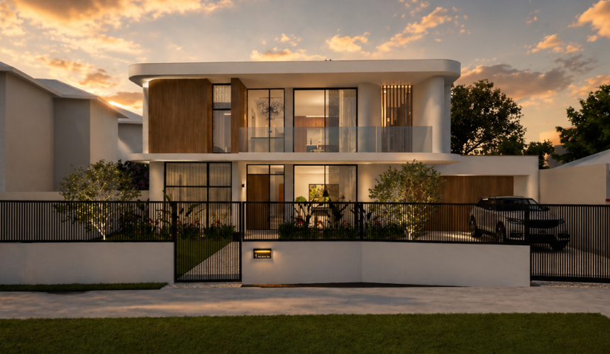 Architectural render of a contemporary South Perth custom home with expansive glazing, balcony and contrasting facade materials.