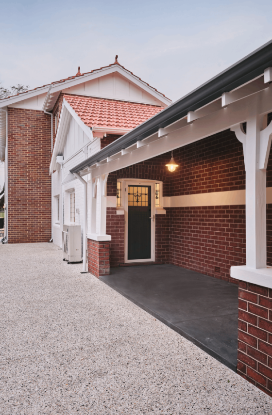 Covered entry connecting original red brickwork with the contemporary addition of a Mount Lawley home.