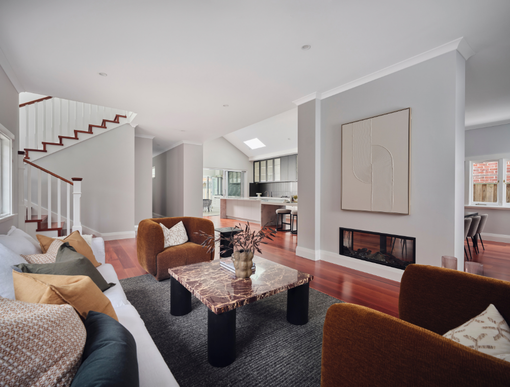 Open-plan living and dining area connecting the original home with its contemporary addition in Mount Lawley.